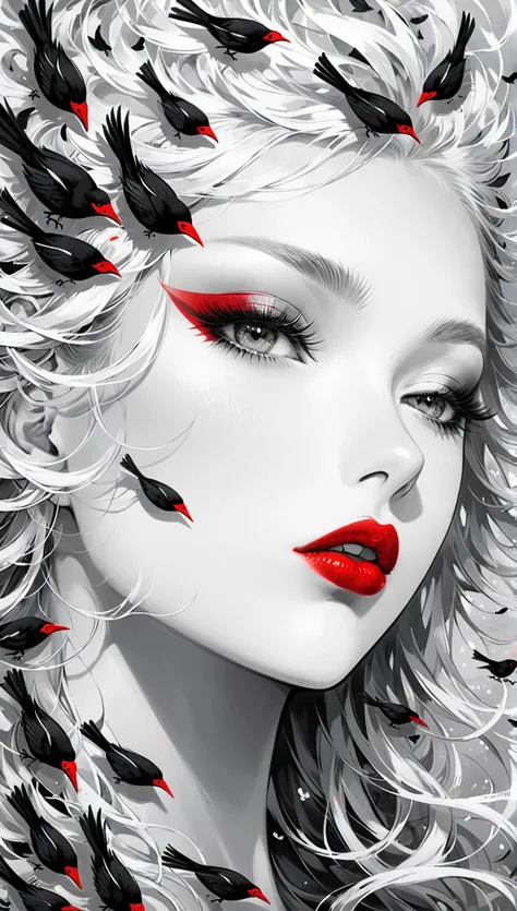 abstraction, full face portrait of a beautiful woman , black and white
left side of the face white black extra long lashes,white eyebrows, right side black white fluffy extra long lashes , closed eyes,red matte lips,black and white birds 