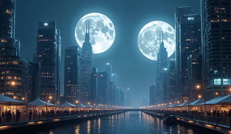 A futuristic city under the light of two moons. Skyscrapers are bathed in soft moonlight from two directions, creating an almost surreal effect. The streets are bustling with people enjoying the bright night, with artificial lights reduced due to the dual-...