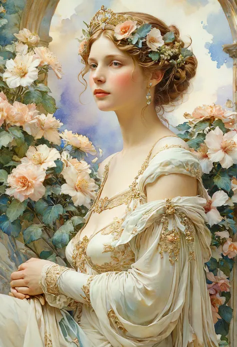  Depicts a beautiful woman with flowers in her hair, (Ingrid Bergman:1.1),  Highly detailed watercolor painting ,  The style of Alphonse Maria Mucha and Gustav Kirmuth , Modern accents, Fairy Princess ,  anthropomorphic woman ,  female figure ,  detail cov...