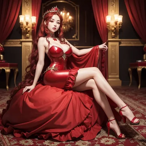 ((best quality)), ((masterpiece)), (detailed), An 18-year-old Asian girl, red eyes and curly red hair, big breasts and big butt, wearing a red princess-style ball gown, sexy red and red high-heeled sandals, with a crown and accessories made of rubies, a pr...