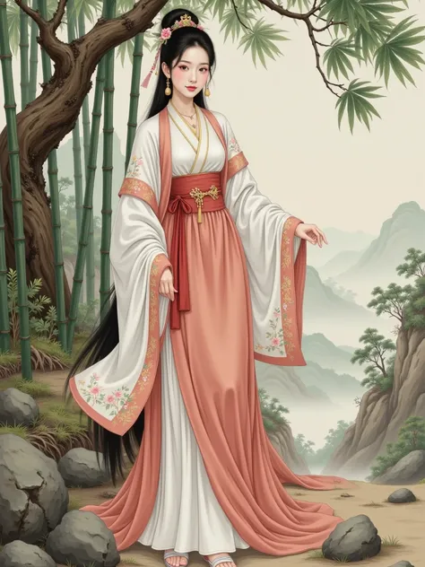 1girl, ancient Hanfu clothing, charming, beautiful, girl in a bamboo forest, exquisite composition, distinct layers, figure as the central focus, full body, Extra Long Shot, traditional color scheme