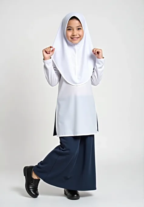 Girl, Cute, Baju Kurung Sekolah, White Sarung Tudung, Dark Blue long Skirt, Black Shoes, Real People
