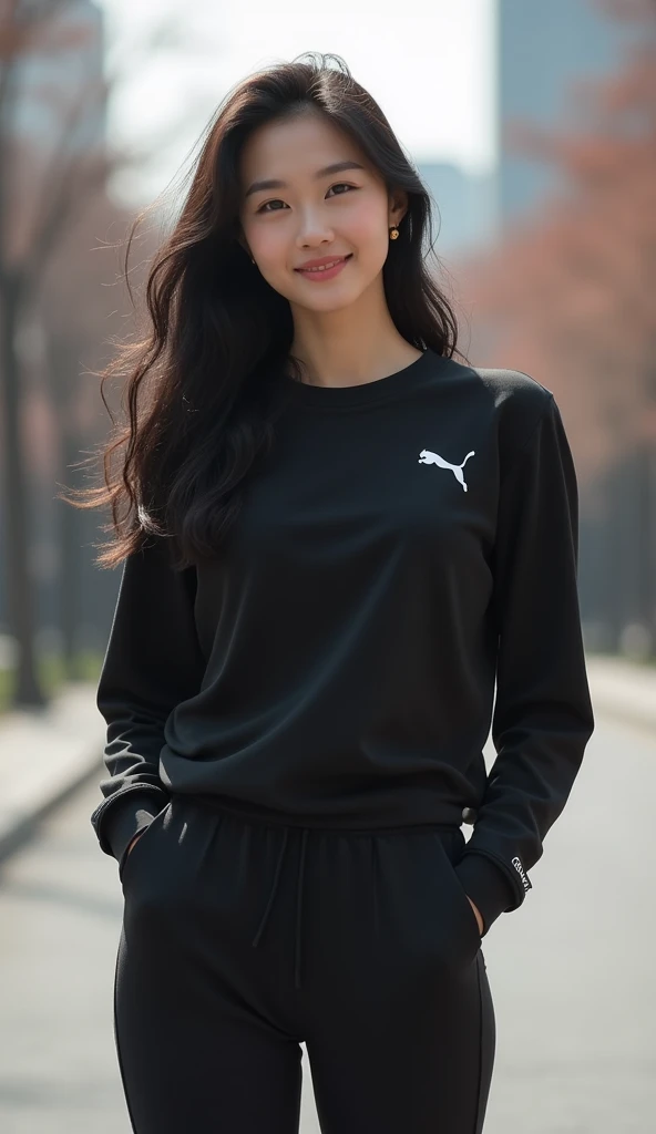 photograph,  Front View, Full body,  standing pose, 1 Chinese cute woman ,20-age, fashion model, ambassador of PUMA,  (black curl hair long hair,  brown eyes ,smile, natural make up), Womens  Wool 1 piece running style  Black inner wear,  black on top with...