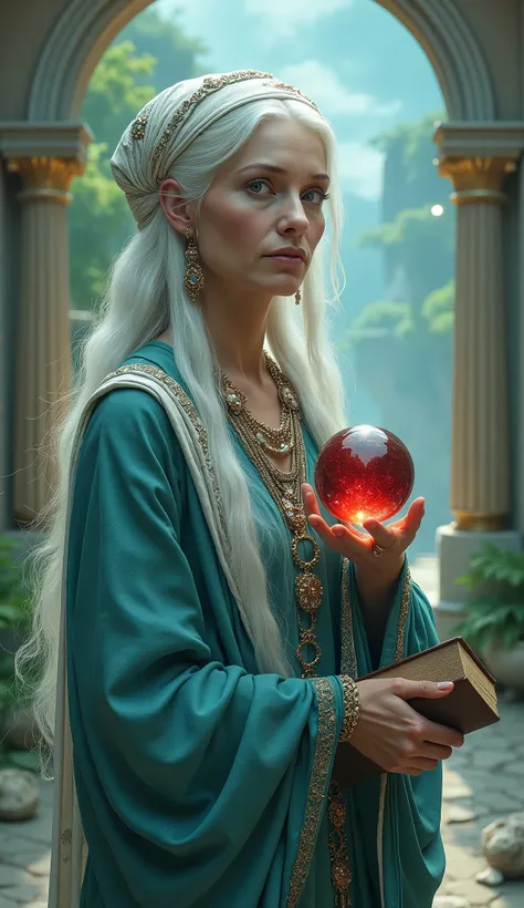 A cinematic photo of an elderly woman with wisdom and mystique, standing in a beautiful magical place in a holy palace. She is holding a deep red sparkling crystal ball and a book. The overall ambiance is cinematic and captivating, with a 8k resolution. Th...