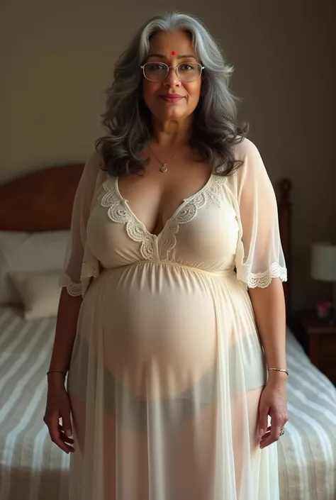 plus size dark indian mature women of 60 years old, long grey hairs and glasses, sensual with big breasts and big butts, in  bedroom, wearing cream transparent night gown, pear shaped body, posing full body, 