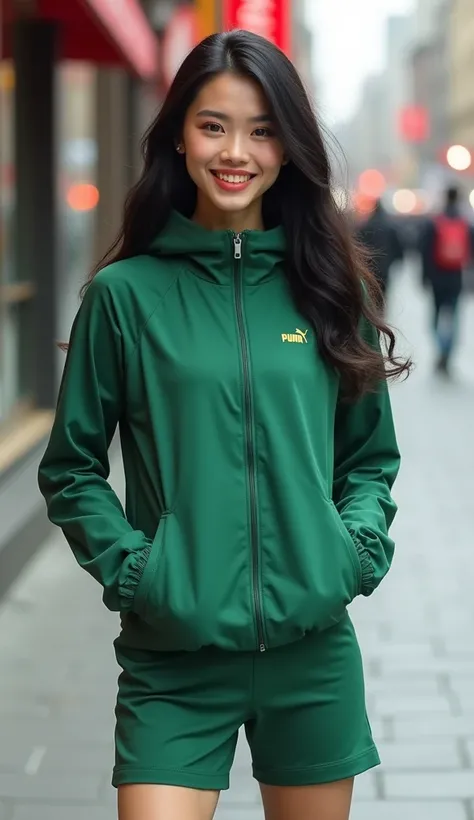 photograph,  Front View, Full body,  standing pose, 1 Chinese cute woman ,20-age, fashion model, ambassador of PUMA,  (black curl hair long hair,  brown eyes ,smile, natural make up), Womens  Wool 1 piece running style  Green inner wear,  Green on top with...