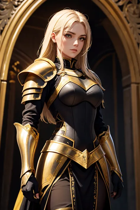 A female knight wearing black armor with gold trim