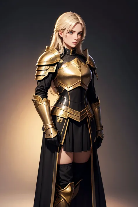 A female knight wearing black armor with gold trim