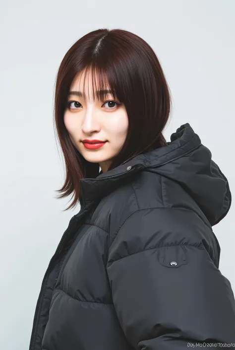 young Japanese woman、Yoshikawa Ai、 ear piercing、黒髪 black down jacket、 trainer、smile、 beautiful alignment of teeth、 ear piercing、 white background 、 upper body
