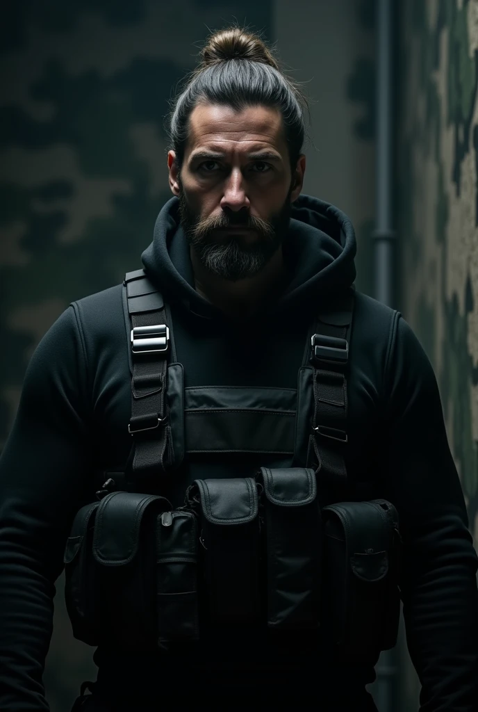 30-year-old man with a not very big beard, hair tied bun style ,  in black and camouflaged safety clothing, at night.