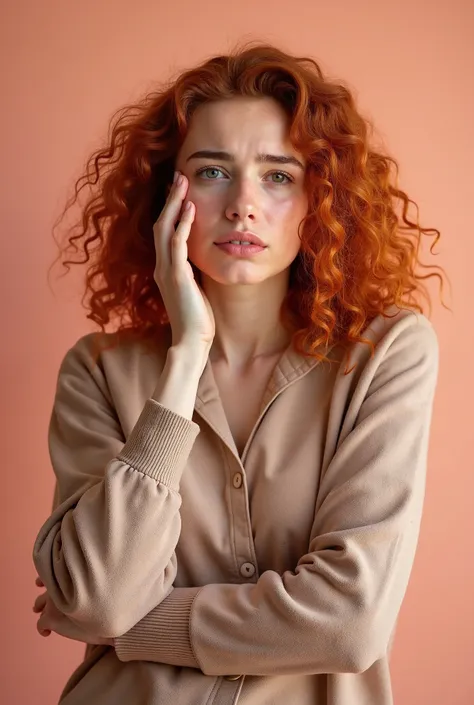 Studio photo of young attractive European lady with red curly hair isolated on peach background pressing palm to forehead looking worried, bored and exhausted with hard mind work or personal trouble