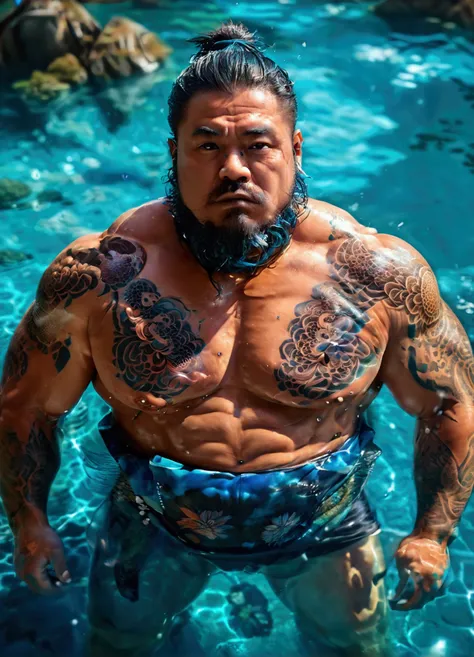 a muscular japanese sumo daddy (dadbod:1.3), diving in a blue lagoon, hair tight in chonmage, transparent fundoshi, exposed body, exposed chest with mandala tattoes (best quality,8k,highres,masterpiece:1.2),ultra-detailed,(realistic,photorealistic,photo-re...