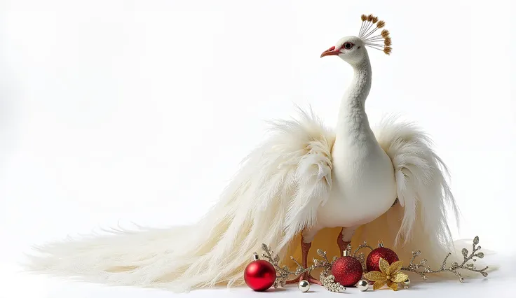 "A stunning white peacock with its elegant feathers fully spread, decorated with delicate red ornaments and golden ribbons for a festive Christmas theme. The clean, solid white background highlights the intricate details of the birds plumage and the holida...