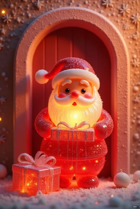  3D illustration of adorable Santa peeking from behind a red door,  Pixar style , A huge gift box ,  a clean background ,  red and white color scheme ,  and minimalist art ,   high resolution , high detail, and high quality .,,Made with clear candy,