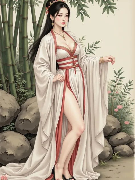 Chinese ink painting, meticulous figure painting, contemporary meticulous painting, hand-painted meticulous painting, literati painting, traditional Chinese art, 1girl, ancient Hanfu clothing, charming, beautiful, girl in a bamboo forest, exquisite composi...