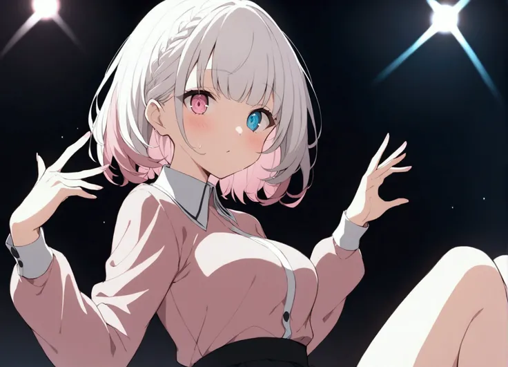  beautiful eyes、Detailed eyes、Shining Sweat、dance、Sing passionately、 look into the distance and sing 、Reach out and sing 、White Hair、Pink hair tips、White Hair、solo、白い short haired 、 songs、Idol、 short haired 、 short hair 、 bob hair、 stageに立ち songs、白く short ...