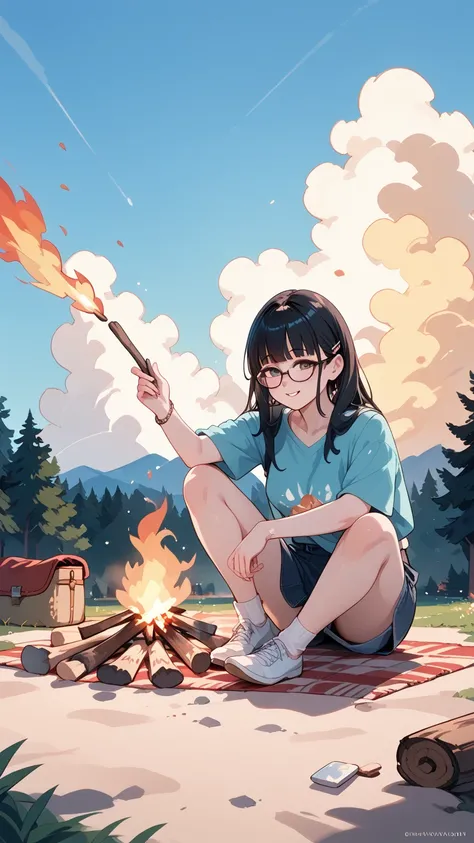 Black hair, glasses, bonfire, girl grilling fish on bonfire