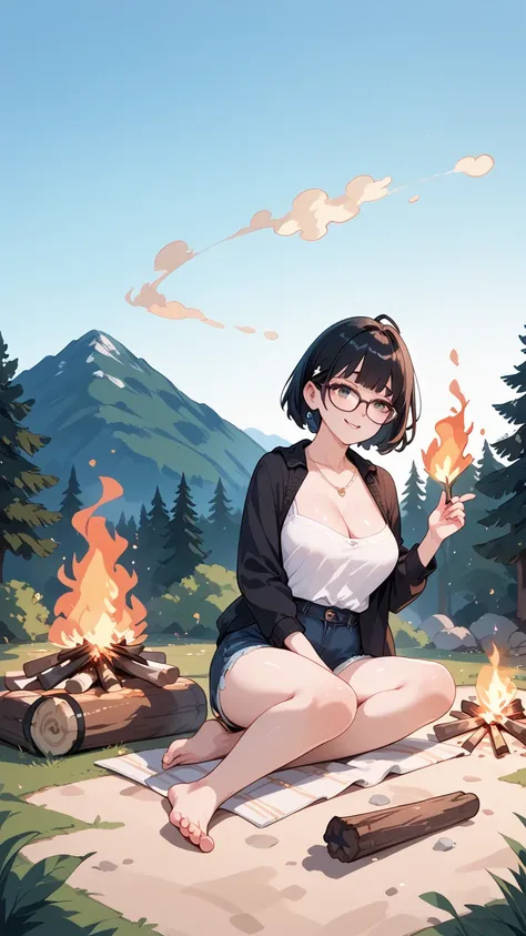 Black hair, glasses, bonfire, girl grilling fish on bonfire