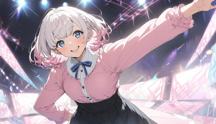  Dynamic Angles、White Hair、Pink hair tips、solo、 short haired 、白い short haired 、 songs、Idol、 short haired 、 short hair 、 bob hair、 stageに立ち songs、白く short hair 、Pink hair with pink tips 、 short haired ー、 long sleeve pink shirt with white collar、 pretty girl...