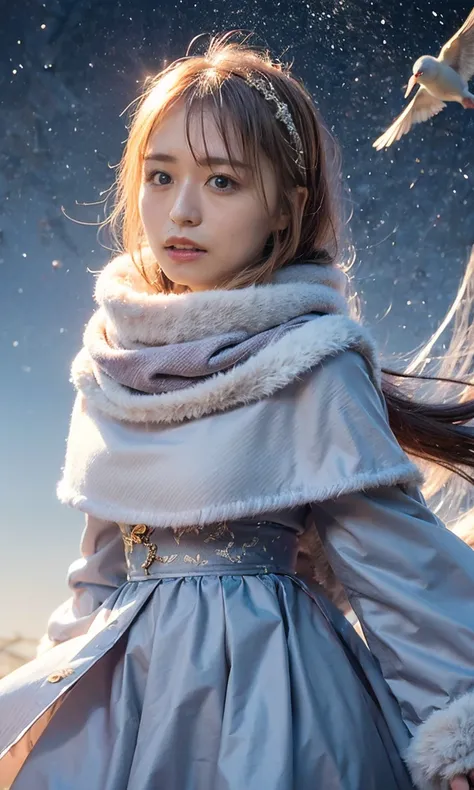 (   When she casts a spell, a legendary ice pigeon appears in the sky around her、 Magic Rim、staring at something、Diamond dust flutters、クリーム色のhair、  Heavy snowfall area    、  Its snowing 、   blue eyes、   blue eyes、white winter clothes   、  watching the nigh...