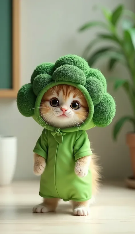 a cute kitten standing, in a cute broccoli-shaped costume, looking at the front, modern bg, realistic