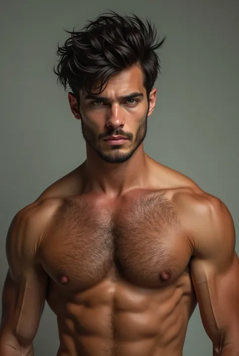 Pic of a 25 year old boy, muscled, shirtless, hairy chest, hairy armpits, looking at viewer. Black hair, green eyes, realistic, sexy