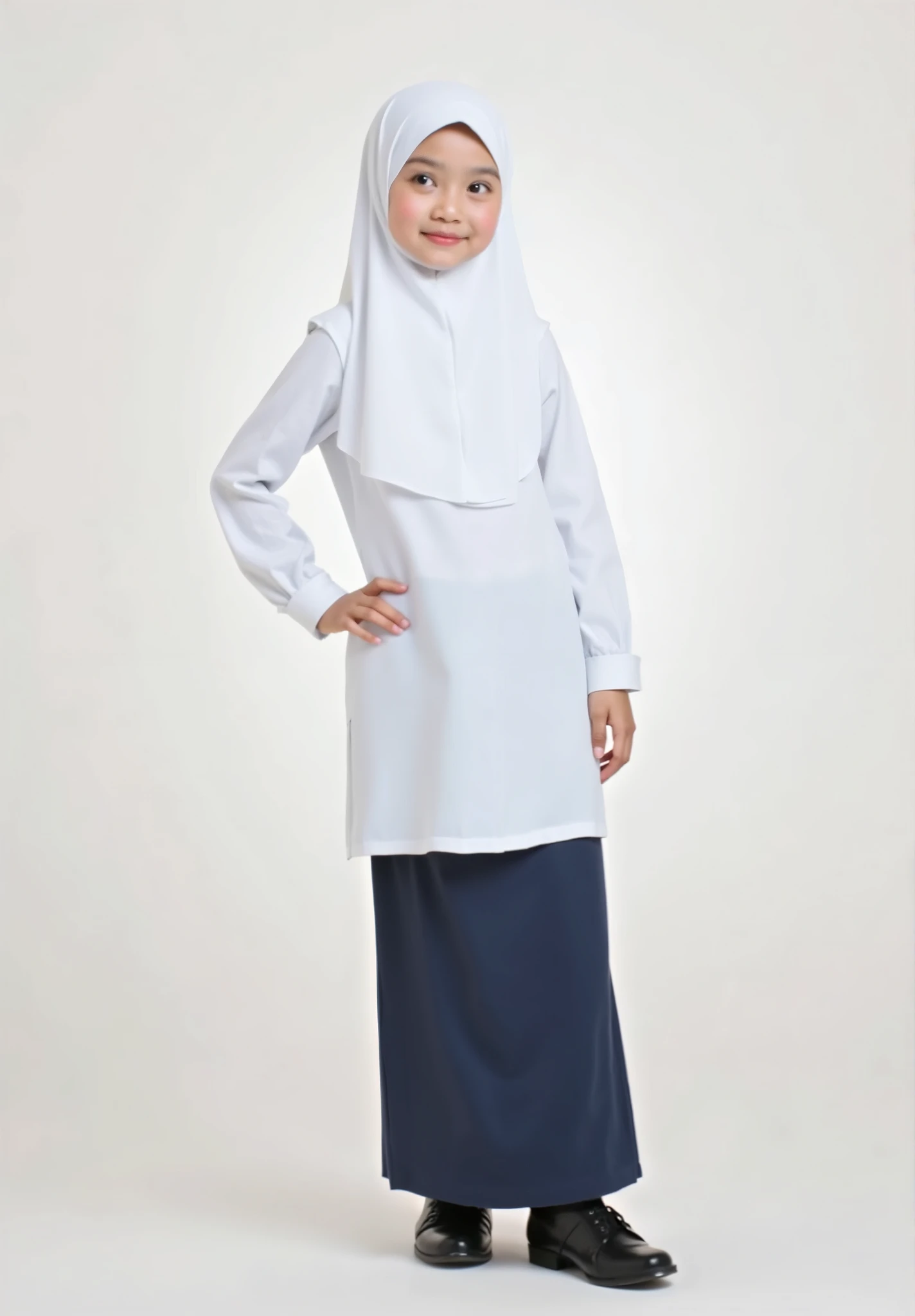 Girl, Cute, Baju Kurung Sekolah, White Sarung Tudung, Dark Blue long Skirt, Black Shoes, Real People, black socks
