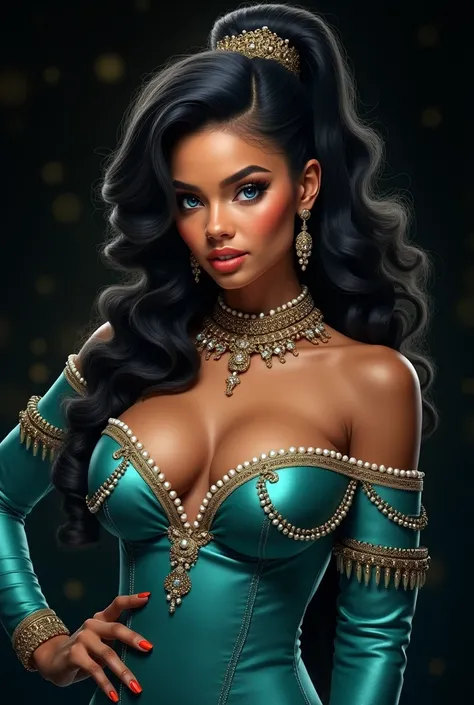 A 4K HDR 300DPI hyper-realistic This is a digital painting in a highly detailed, hyper-realistic style woman with caramel skin. She has prominent lashes, hazel eyes, flawless makeup, and shimmering lip-gloss. Her hair is styled in a high ponytail with casc...