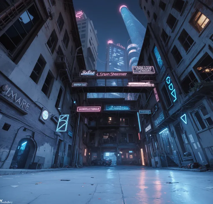 Looking up, high color saturation ,The camera is close to the ground , An alley with neon lights at night ,Low-lying ground , Realistic floor texture , An abandoned low building on both sides of the picture , A shabby low building , The outside of the buil...