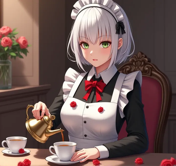 Maid gentleman with short white hair with 5 roses scattered around the costume pouring a cup of tea,  green eyes 