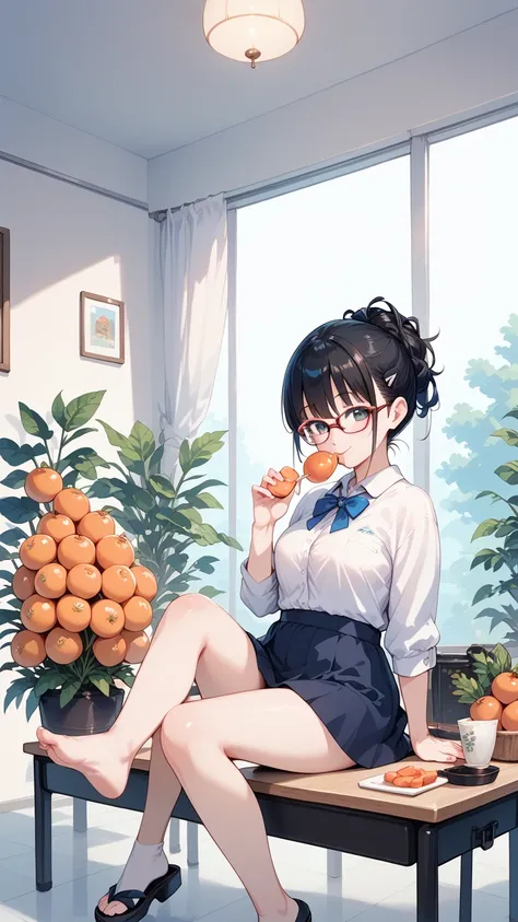 Black hair, glasses, kotatsu, tangerines on the kotatsu, girl sitting on the kotatsu eating tangerines