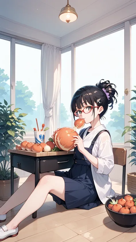 Black hair, glasses, kotatsu, tangerines on the kotatsu, girl sitting on the kotatsu eating tangerines