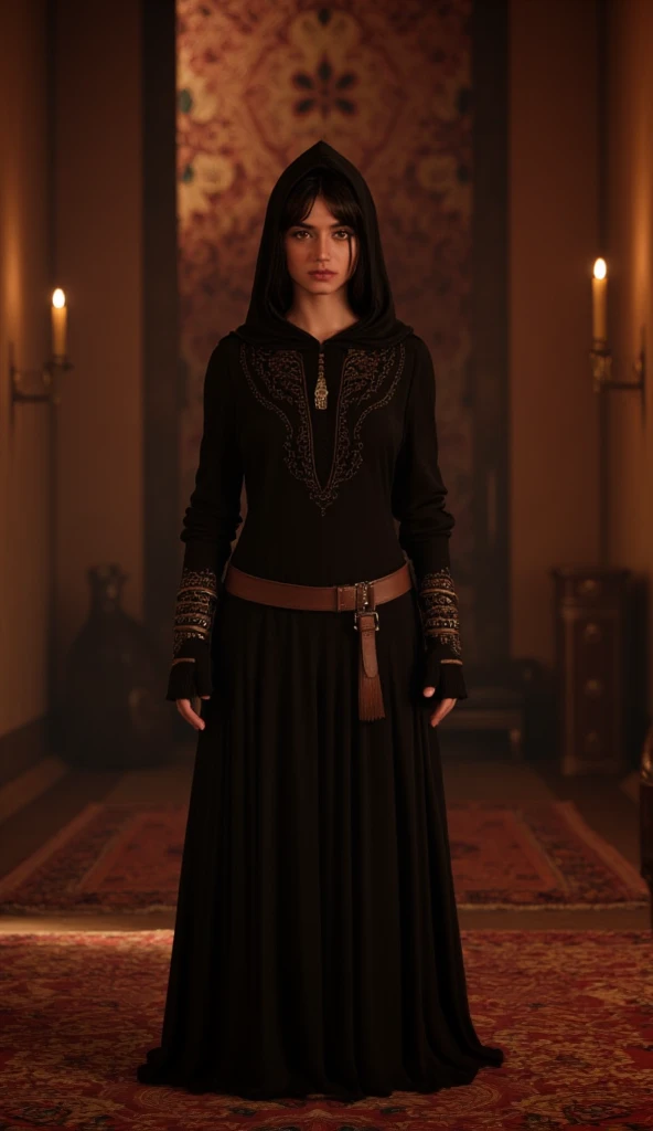 Front View ,  full body,  Standing Pose , Arabian tent ,  Persian carpet on the floor , Candle light, Game character is  Assassins Creed, Ancient Persian Girl ,   20-age Exotic Persian Woman , (black hair ,short Hair,  Brown Eyes , serious lip ,eye round b...