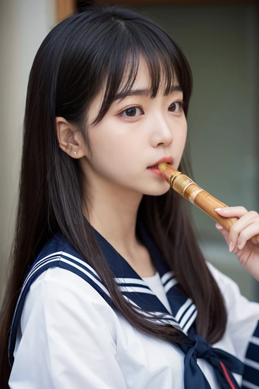  Japanese Women Like Idols , long hair ,  straight hair, Round face , bust up ,  sailor suit  ,  as pictured  ,Generate an image of a recorder playing ,  make a realistic flute with the color palette: #5e9fa3  ; #  dcd1b4  ; #  fab87f  ; #  f87e7b  ; #  b0...