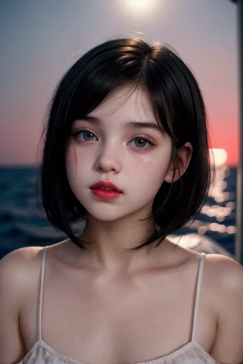 Cinematic light, Pretty teen girl, cool, cute post, girl, unisex face, pale white skin, cute, small nose, juicy red lips, short black  hair, juicy lips, at sea at night 