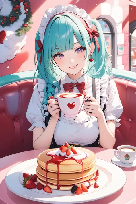 Brightly Coloured Artwork , Santa Maid Cafe , Moe Moe Kyun 💕, Blake Fluffy Pancakes, A charming maid with a heart drawn in strawberry sauce , Take a break with coffee, Charming Santa Stares At You, Coffee served with gentle hands