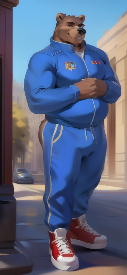 Solo, male Tall​ ,huge​ body​,​ Standing ,barrack,big bear ,blue Tracksuit soldier , Wear combat shoes, overweight, muscular, smirking​ , by chunie