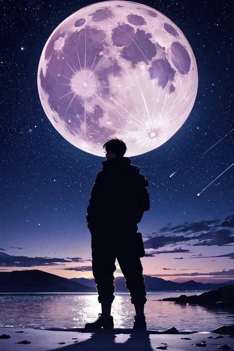  top quality,Big moon and shadow,A silhouette of a person can be seen against the backdrop of a large moon.,There is one full moon,There is a mood, beautiful scenery, starry sky 