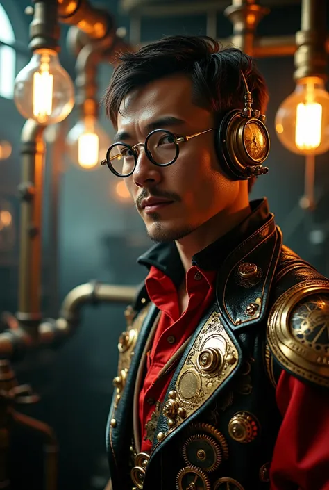 ((Masterpiece)), ((ultra-detailed, 8k quality)), ((photo-realistic)), steampunk style, an intricately detailed short shot of a charismatic character wearing a complex, brass-and-leather steampunk outfit. The character has a mechanical monocle, gears and co...