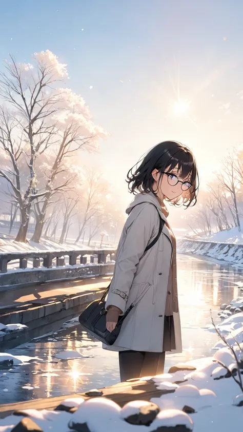 A girl with black hair and glasses looks at the sparkling river surface reflecting the morning sun from a bridge on a sunny winter morning