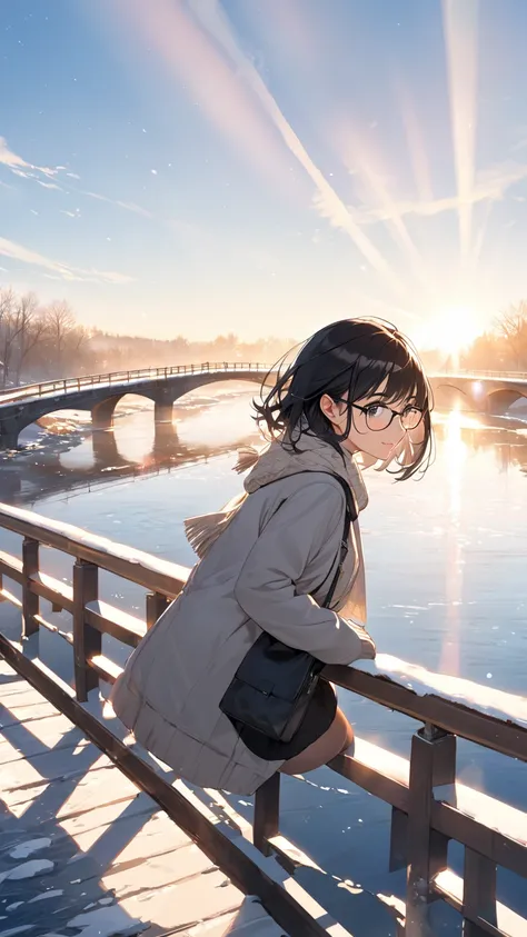 A girl with black hair and glasses looks at the sparkling river surface reflecting the morning sun from a bridge on a sunny winter morning