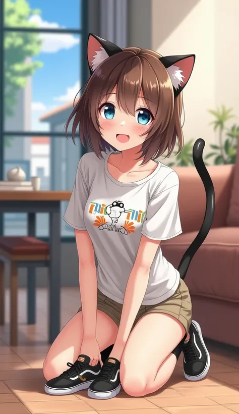 masterpiece,  top quality,  high definition ,  very detailed ,(((pretty girl with brown hair))), ((( Japanese anime ))), ((( short hair))), ((( white printed t-shirt ))), (((Khaki shorts))), (((Black socks))), ((( black sneakers ))), (((indoor))), (((A cat...