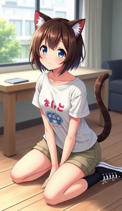 masterpiece,  top quality,  high definition ,  very detailed ,(((pretty girl with brown hair))), ((( Japanese anime ))), ((( short hair))), ((( white printed t-shirt ))), (((Khaki shorts))), (((Black socks))), ((( black sneakers ))), (((indoor))), (((A cat...