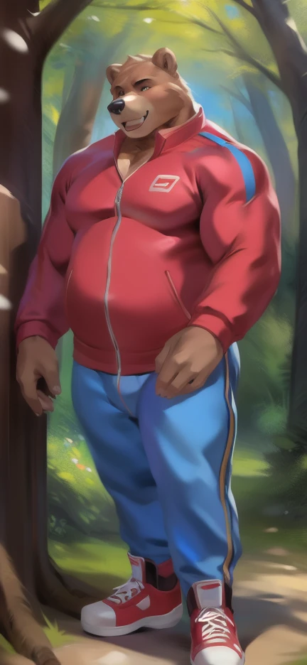 Solo, male Tall​ ,huge​ body​,​ Standing ,forest sakura,big bear ,blue Tracksuit soldier , Wear combat shoes, overweight, muscular, Crazy about love , by chunie