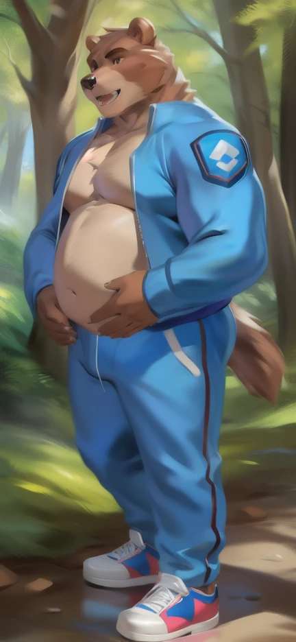 Solo, male Tall​ ,huge​ body​,​ Standing ,forest sakura,big bear ,blue Tracksuit soldier , Wear combat shoes, overweight, muscular, Crazy about love , by chunie