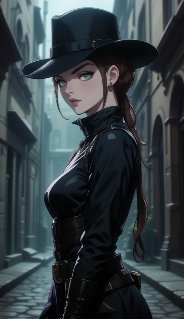 anime art style, 8k, masterpiece, cinematic, (Portrait), petite girl, mature, green eyes, tied hairstyle, pale skin, lean tall body, (Victorian era full covered outfits, cowboy hunting hat), wielding swords, dark alleyway, side ways photo, evil smiling, fu...