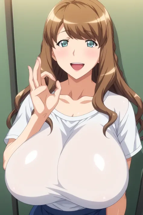 score_9, score_8_above, score_7_above, source_anime, Assessment_ Of course,   intricate details  ,  anime screenshot, official style, 1 , Ayami,   brown hair  ,   long hair, smile, Huge breasts,   short sleeves  , clavicle, aboveper body,   looking at the ...