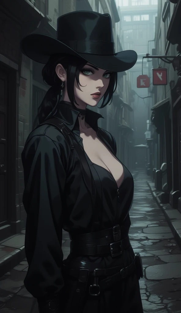 anime art style, 8k, masterpiece, cinematic, (Portrait), petite girl, mature, green eyes, long tied hairstyle, pale skin, lean tall body, (Victorian era full covered outfits, cowboy hunting hat), wielding tommy gun, dark alleyway, side ways photo, evil smi...