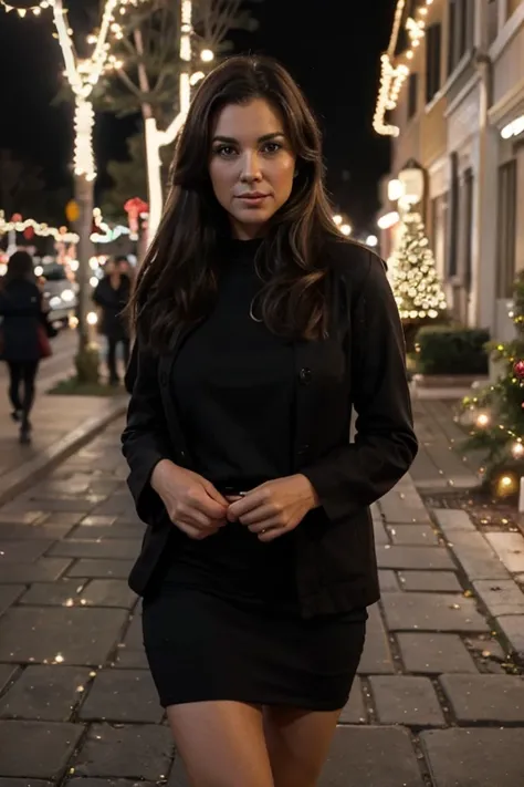 A single girl between 35 and 40 years old, dressed just a little sexy, light makeup, in a street with Christmas lights, no one except her