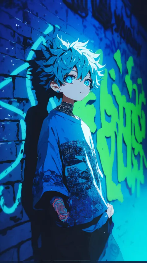 anime style, cool and edgy, thicker outlines, painterly elements, fine details, soft edges, Dutch angle shot, dynamic angle, A young man with light blue hair, large glowing blue eyes, and an oversized shirt, standing against a dark blue wall with neon gree...